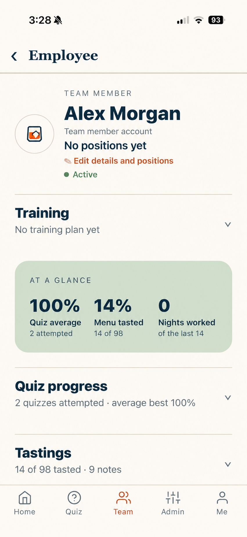 Apronfold manager view of a team member’s quiz and menu progress