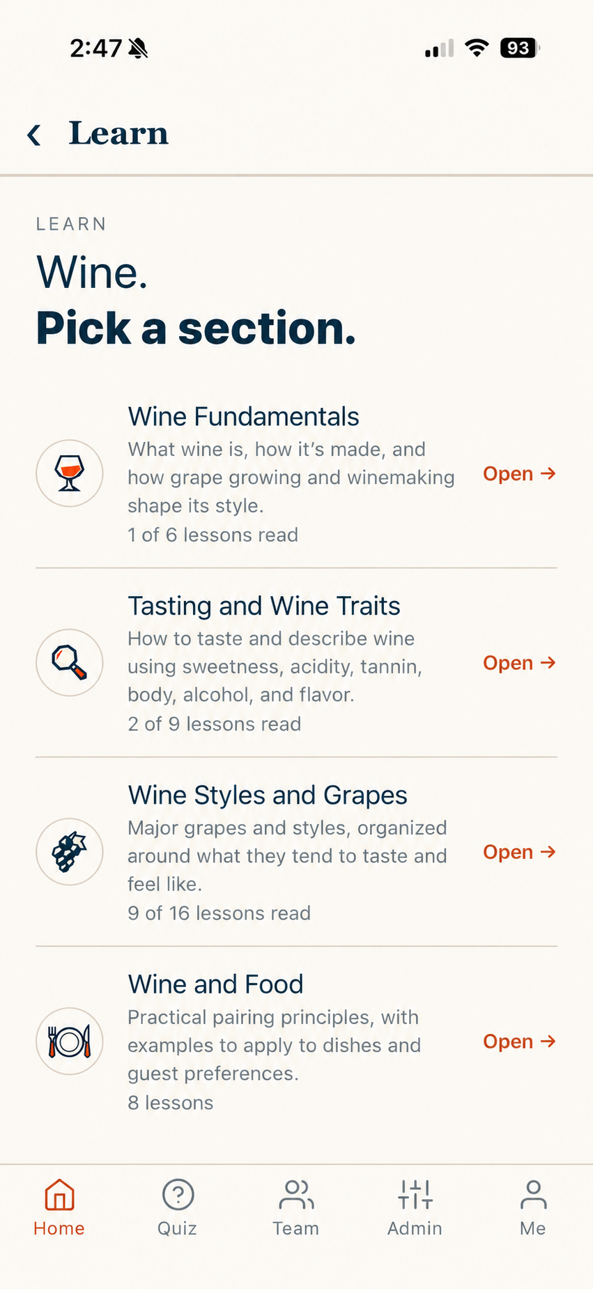 Apronfold Learn screen with wine sections and lesson progress