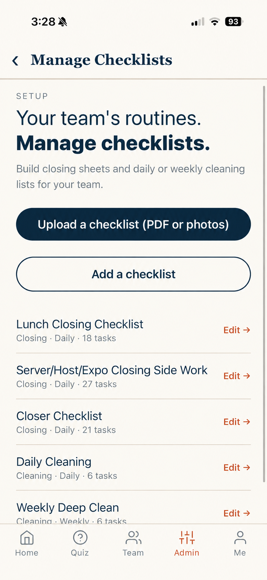 Apronfold manager screen for creating and managing team checklists