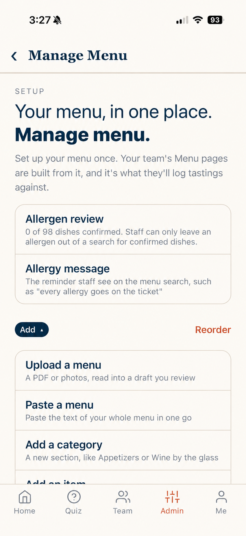 Apronfold manager menu screen with allergen review and menu upload options