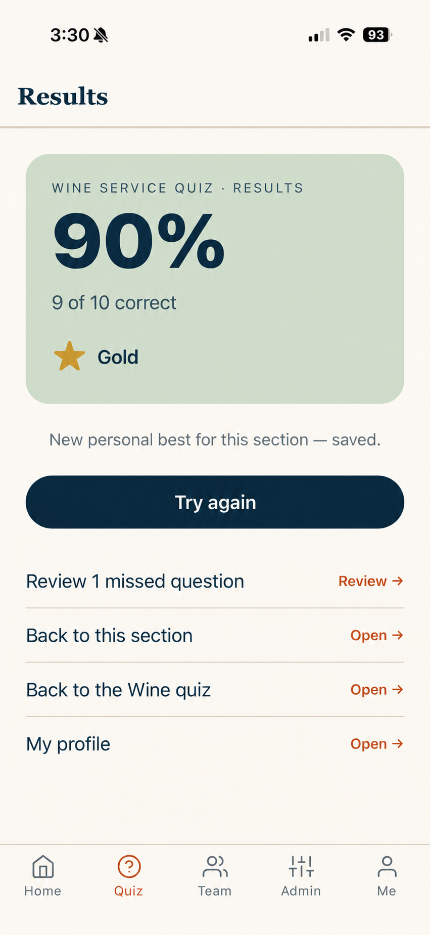 Apronfold quiz results showing a 90 percent gold score