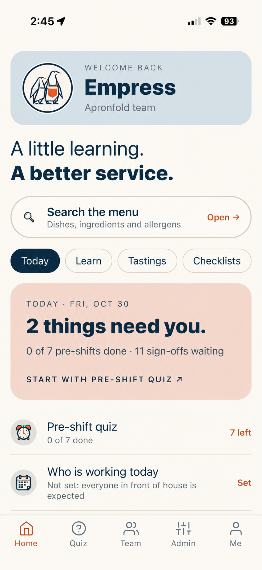 Apronfold daily home screen showing pre-shift, sign-offs, and checklist tasks